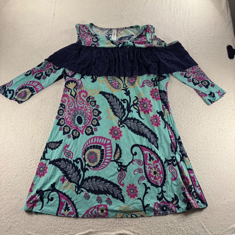 Perfectly Priscilla Cold Shoulder Dress Womens XL Teal Paisley Ruffle Excellent